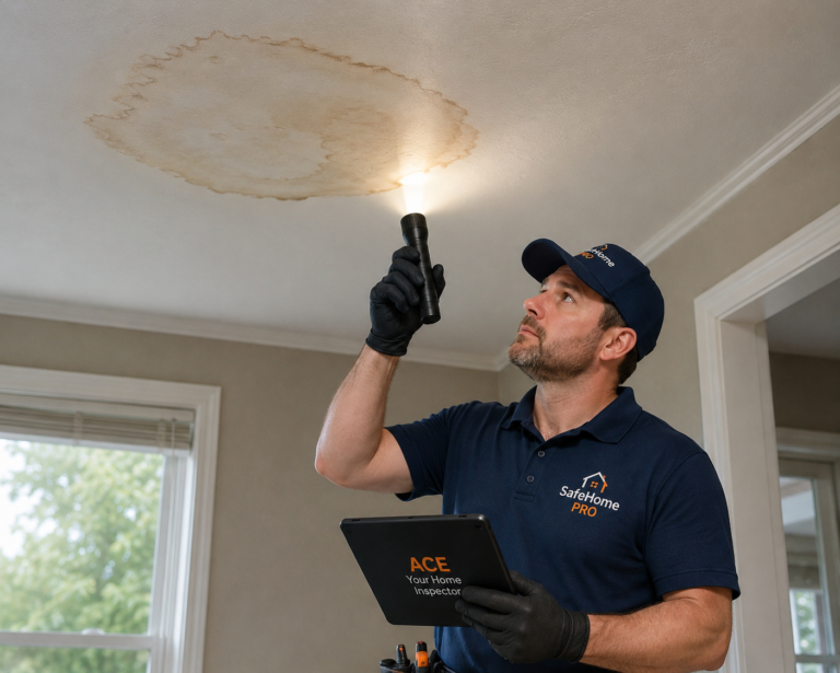 ACE inspector identifying a water stain on a ceiling