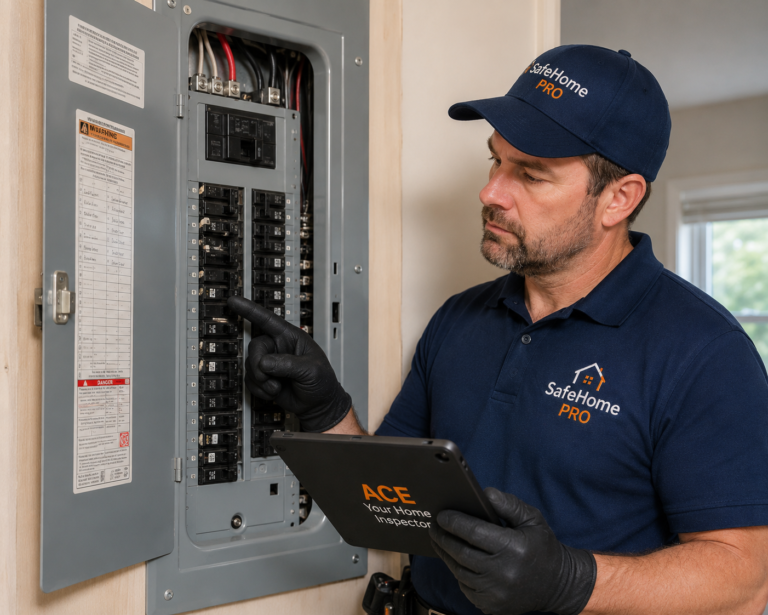 ACE inspector reviewing breakers in an open electrical panel
