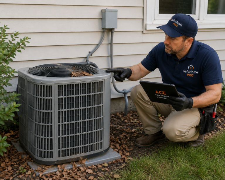 ACE inspector inspecting an outdoor HVAC condenser