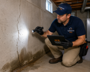 ACE inspector inspecting basement moisture