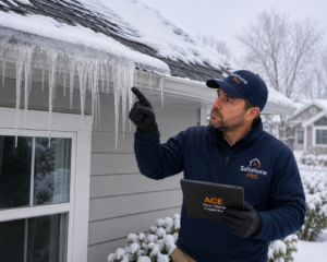 ACE inspector pointing at icicles forming an ice dam