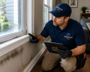 ACE inspector reviewing moisture damage near a window